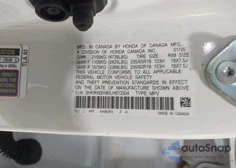 2020 Honda Cr-V Awd Ex-L из США, поврежденный, VIN 2HKRW2H80LH613304